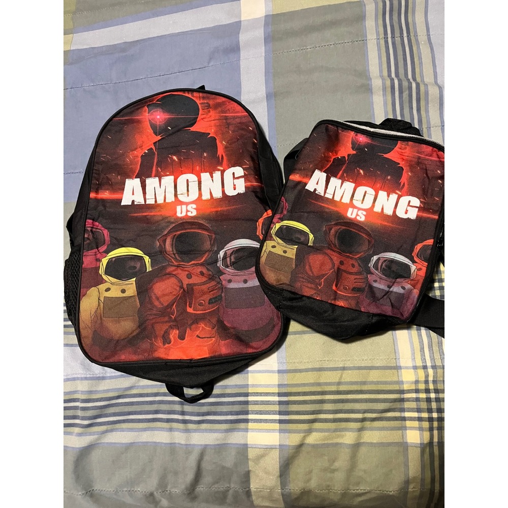 Among Us Backpack and Insulated‎ Lunch Bag Set Black Red Gamer Kids School Bag